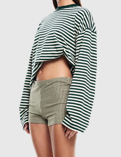Round Neck Striped Long Sleeve Loose Shirt