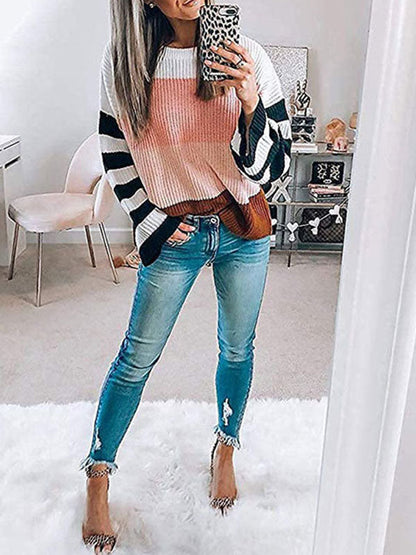 Contrast Color Long Sleeves Sweater Tops