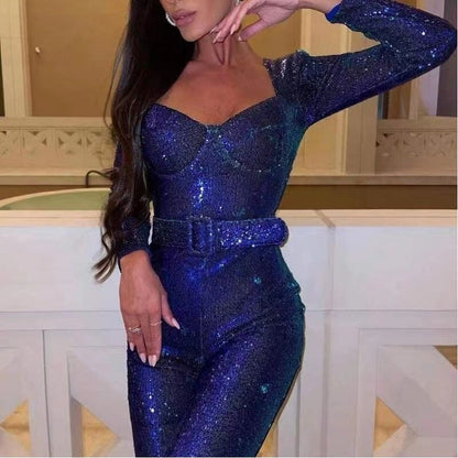 Long Sleeve Sequin Belted Jumpsuit Floor Length