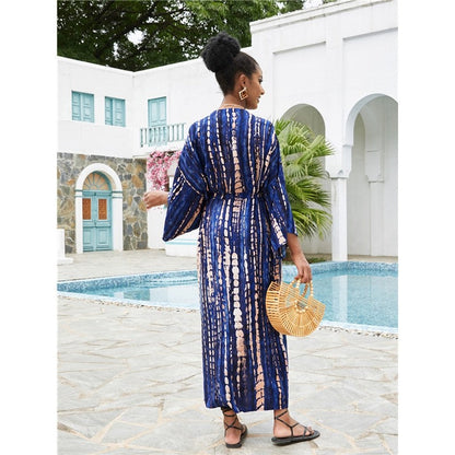Long Sleeve Printing Waist Tied Casual Loose Long Cardigan Beach Bikini Cover-Up