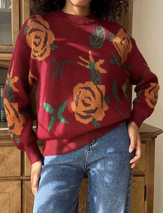 Vintage Round Neck Floral Woven Knit Top