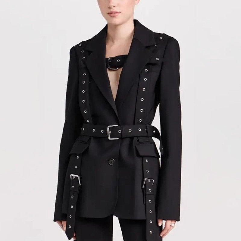 Long Sleeve Lapel Buttoned Rivets Belted Blazer Outerwear