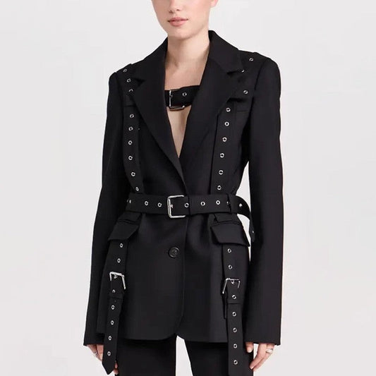 Long Sleeve Lapel Buttoned Rivets Belted Blazer Outerwear