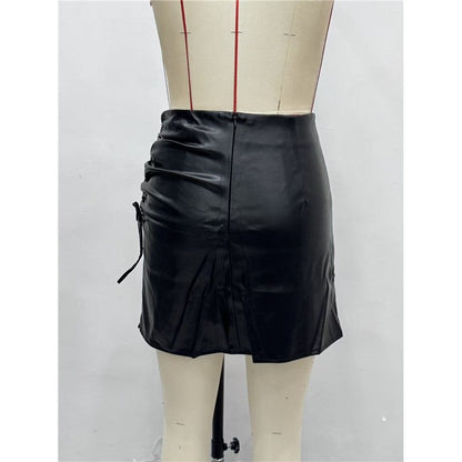 Drawstring High Waist Split Hem Leather Mini Skirt