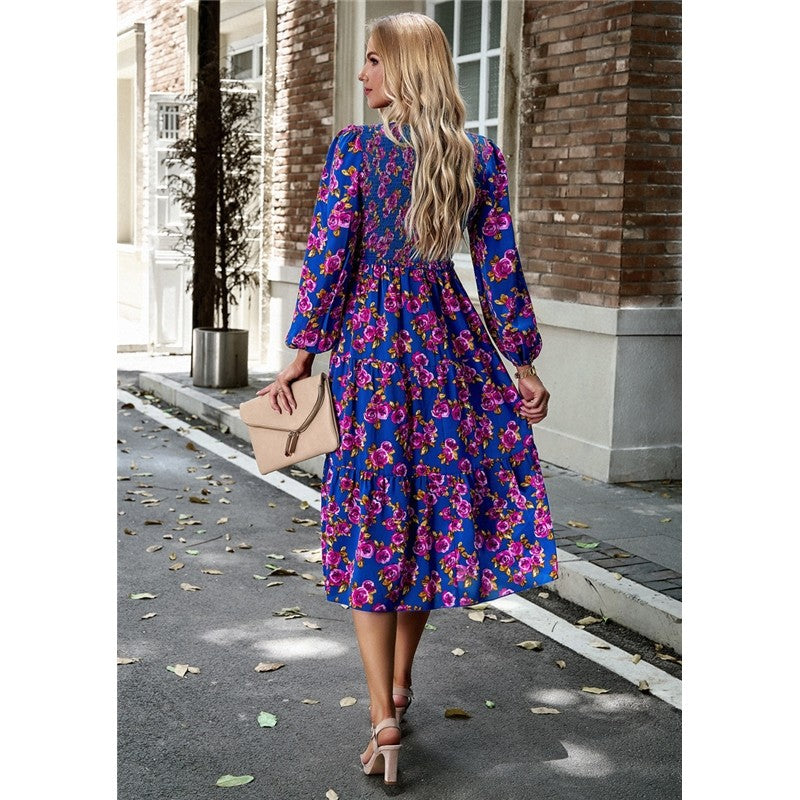 V Neck Print Nine Quarter Sleeve Dress