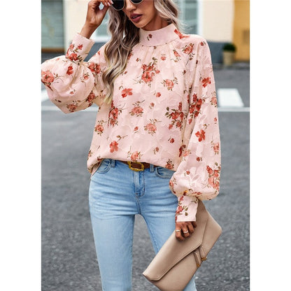 Long Sleeves Half Turtleneck Bandage Floral Printed Blouse
