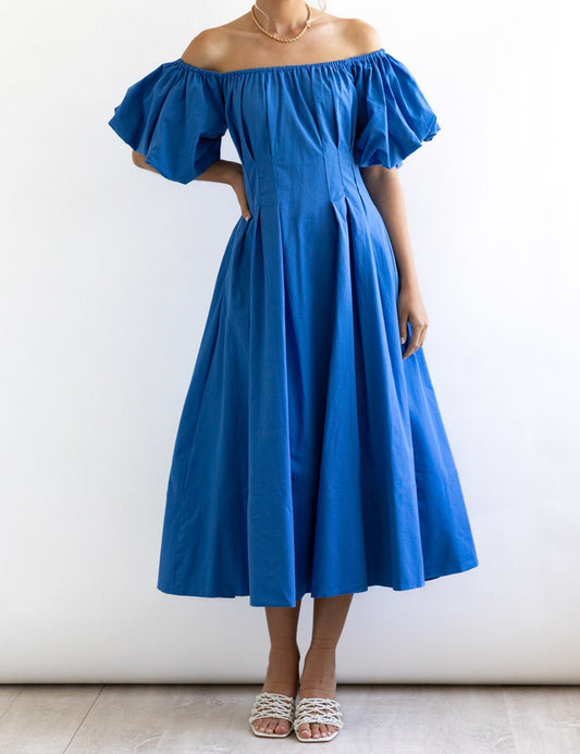 Off Shoulder Puff Sleeves Midi Dress