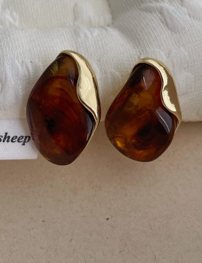 Elegant Amber Metal Resin Splice Drop Earrings