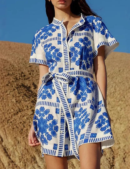 Trendy Print Button Down Tie Waist Dress