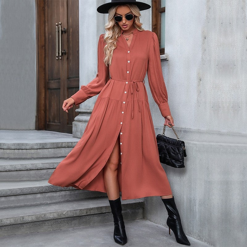 Solid Color V-Neck Elastic Band Cardigan Button-Down Long-Sleeved Dress