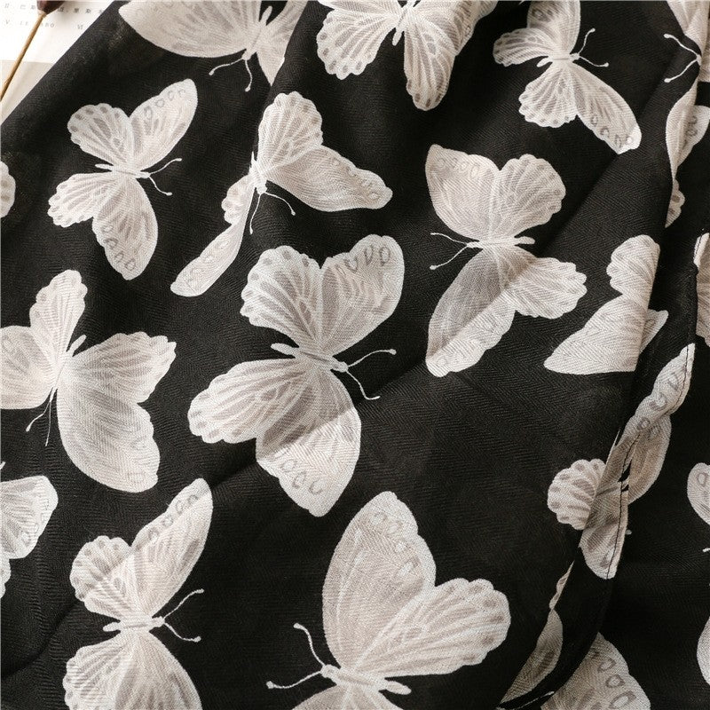 Black Butterfly Print Cotton Linen Scarf
