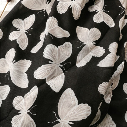 Black Butterfly Print Cotton Linen Scarf