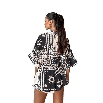 Geometric Print Romper With Waist Tie