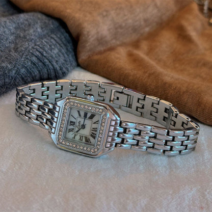 Vintage Roman Square Rhinestone Bezel Quartz Watch