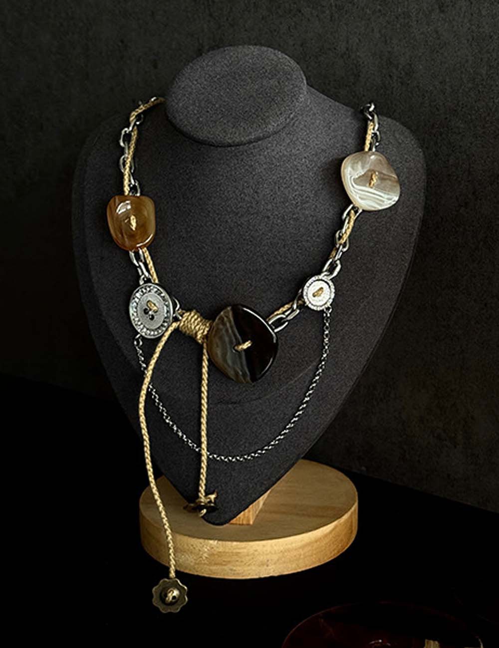 Punk Style Button Braided Rope Tassel Necklace