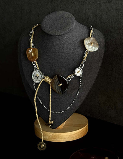 Punk Style Button Braided Rope Tassel Necklace