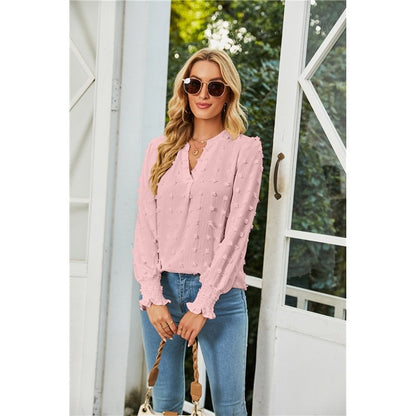 Solid Color V-Neck Long Sleeves Dots Blouse Top