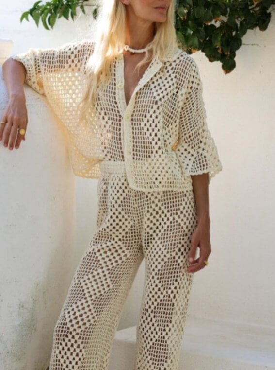 Solid Color Plaid Hollow Out Knit Beach Set