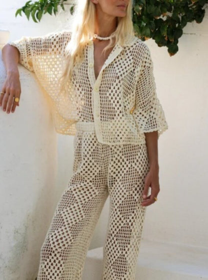 Solid Color Plaid Hollow Out Knit Beach Set