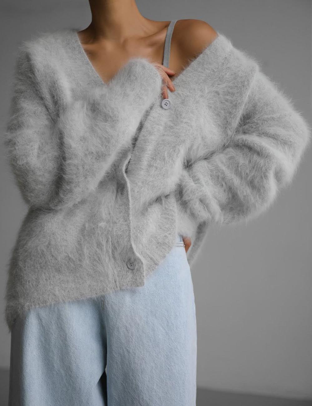 Fashion V-Neck Long Sleeve Fuzzy Knit Cardigan