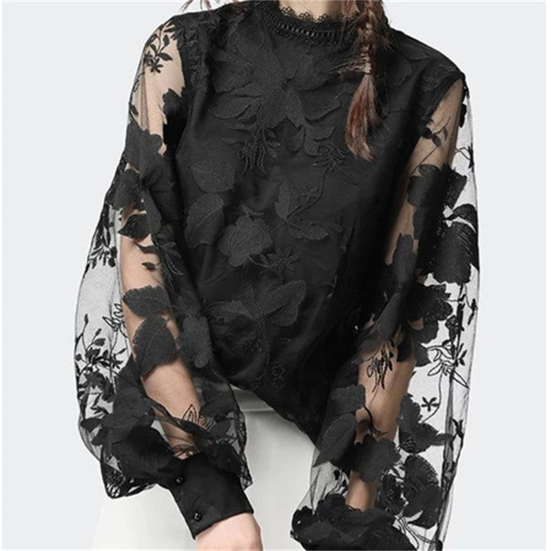 Puffed Sleeves Transparent Round Neck Solid Color Blouse