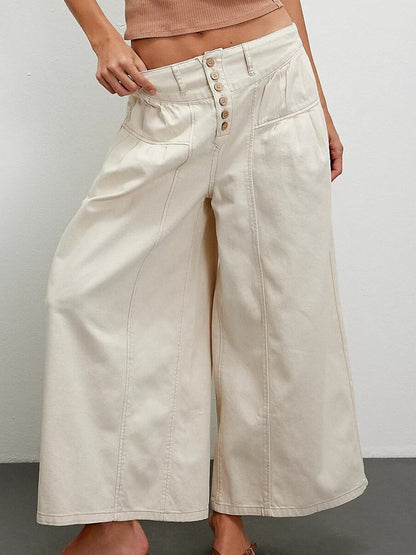 Buttons Midi Rise Wide Leg Jeans