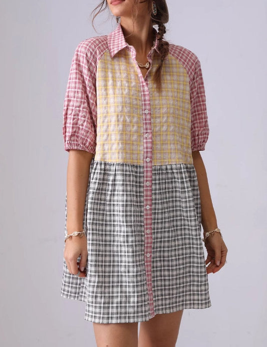 Colorful Plaid Splicing Lapel Mini Dress