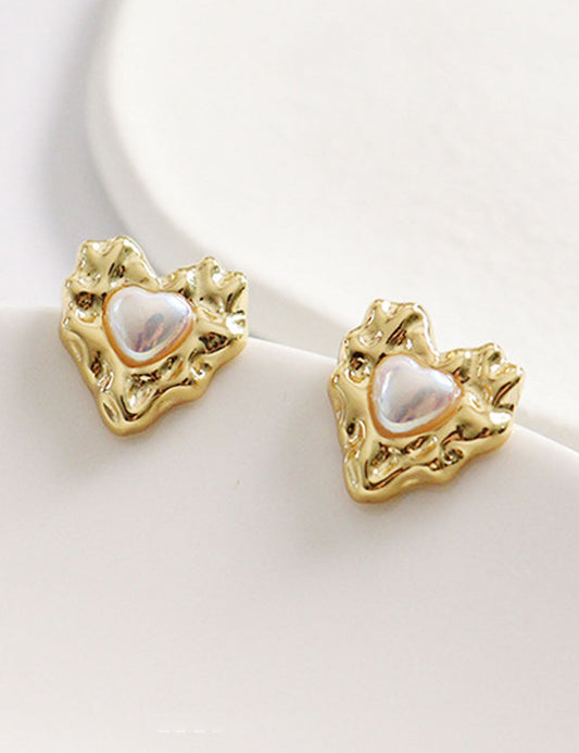 Gold Plated Heart Pearl Stud Earrings