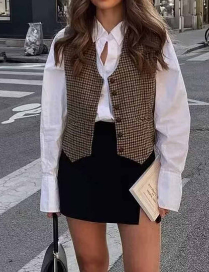 Vintage Plaid V-Neck Sleeveless Vest