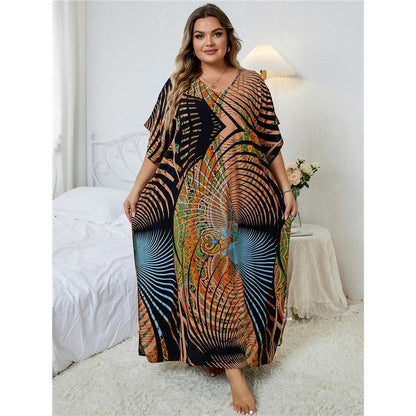 Contrast Color Printing V-Neck Short Sleeve Casual Loose Long Beach Dress Bikini Cover-Up