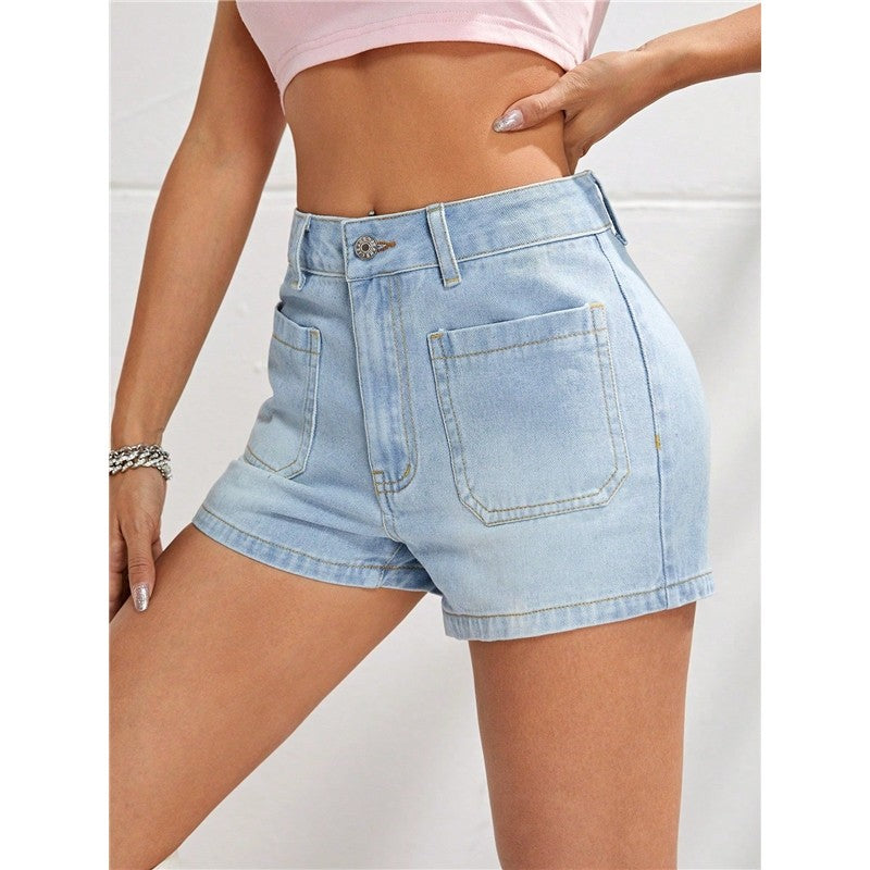 Classic Light Blue Buttoned Slimming High Waist Denim Shorts