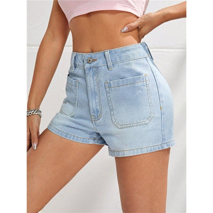 Classic Light Blue Buttoned Slimming High Waist Denim Shorts