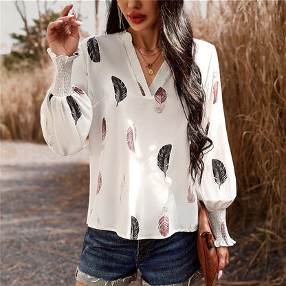 Long Sleeves V-Neck Printing Casual Loose Pullover Blouse Top