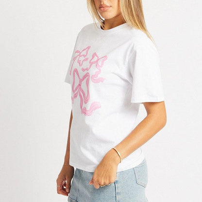 Bow Print Casual Loose Pullover T-Shirt