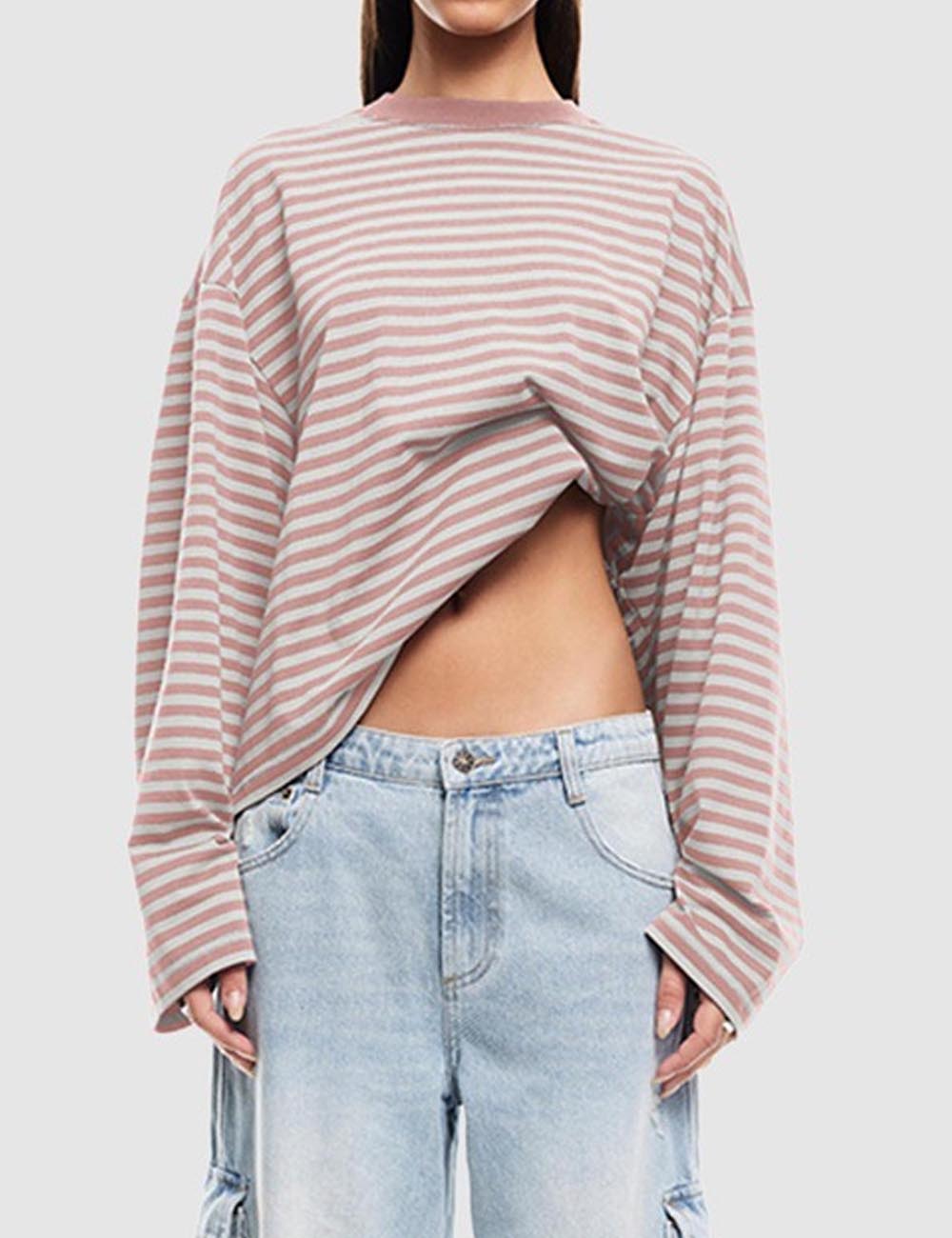 Round Neck Striped Long Sleeve Loose Shirt