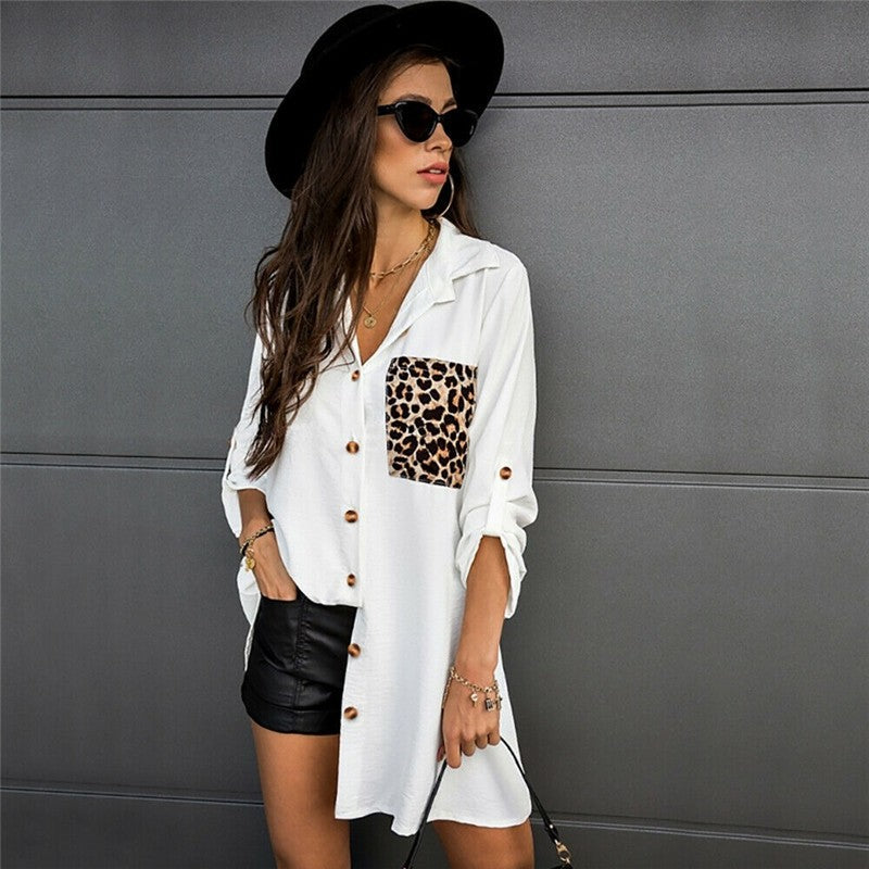 Casual Paneled Long Sleeve Leopard Print Blouse