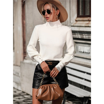 Solid Color Long Sleeve High Neck Casual Loose Pullover Knitted Sweater