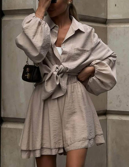 Lantern Sleeve Shirt Flounce Short Set