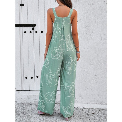 Contrast Color Printing Sleeveless Wide Leg Jumpsuits