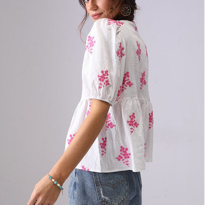 Floral Embroidered V-Neck Button Down Shirt