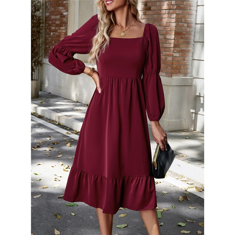 Solid Color Square Neck Ruffle Skirt Waisted Long-Sleeved Dress