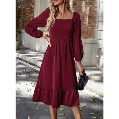 Solid Color Square Neck Ruffle Skirt Waisted Long-Sleeved Dress