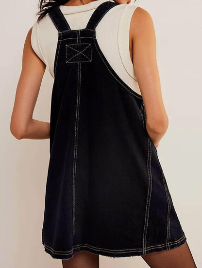 Washed Pockets Denim Mini Overalls Dress