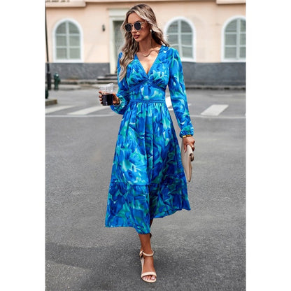Casual Irregular Color Block Printed V-Neck Long-Sleeved Dress
