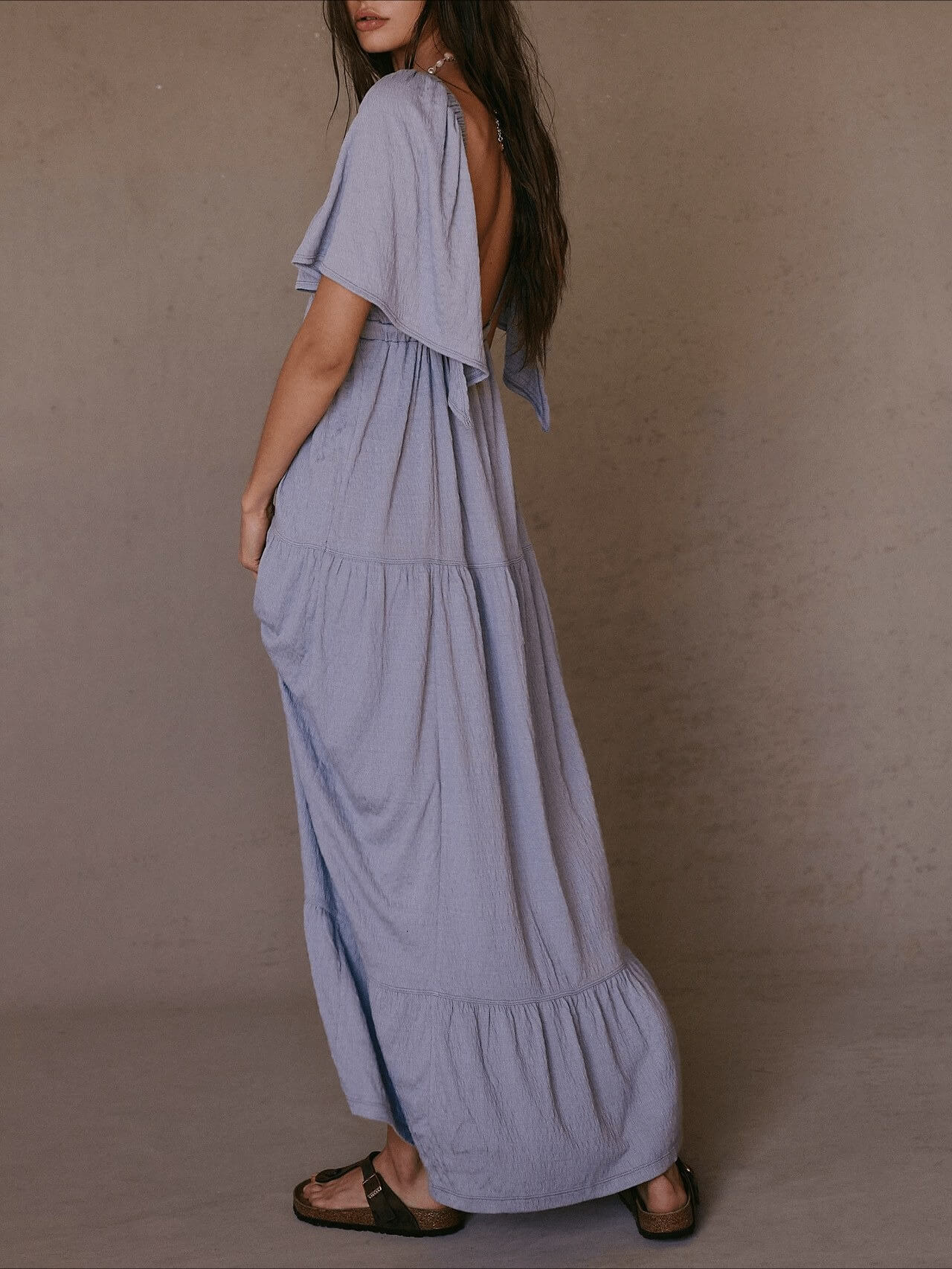 V-Neck Backless Short Sleeves Maxi Dress
