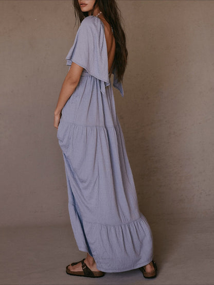 V-Neck Backless Short Sleeves Maxi Dress