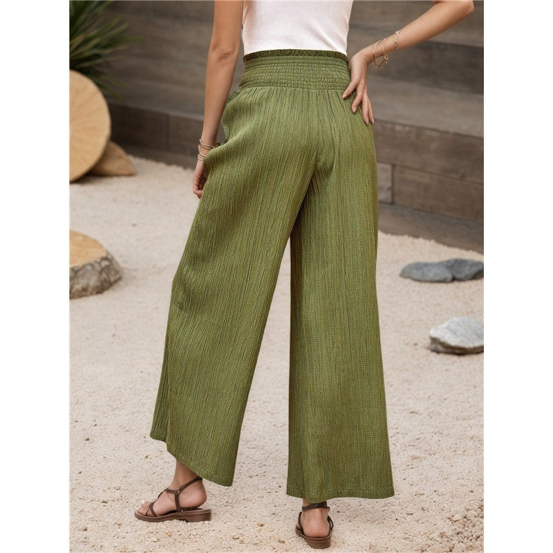 Elastic High Waist Pleated Wide Leg Pants