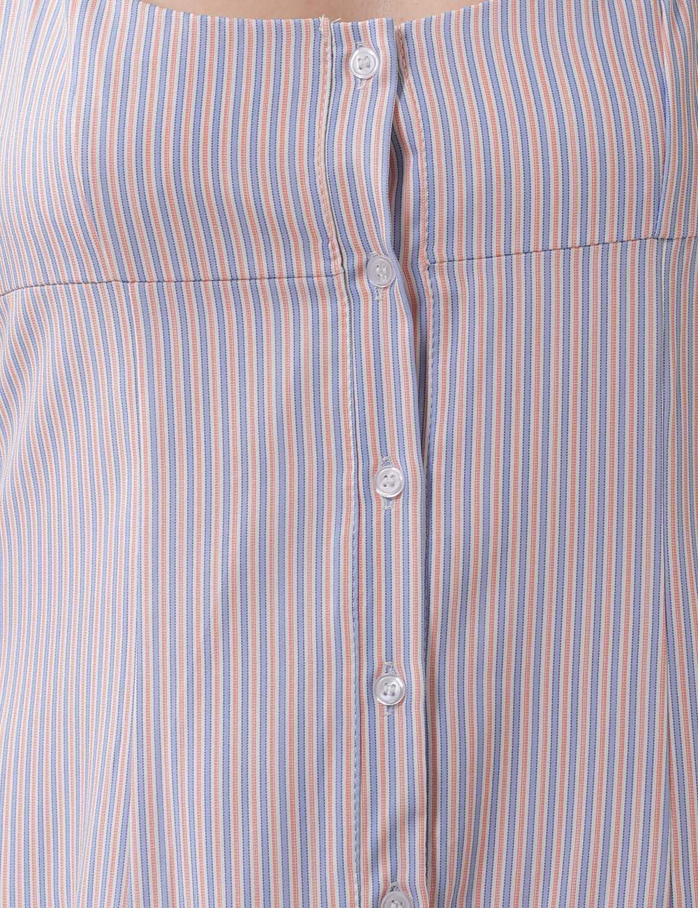 Sweet Striped Buttons String Puffy Mini Dresses