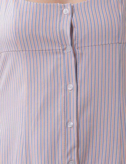 Sweet Striped Buttons String Puffy Mini Dresses