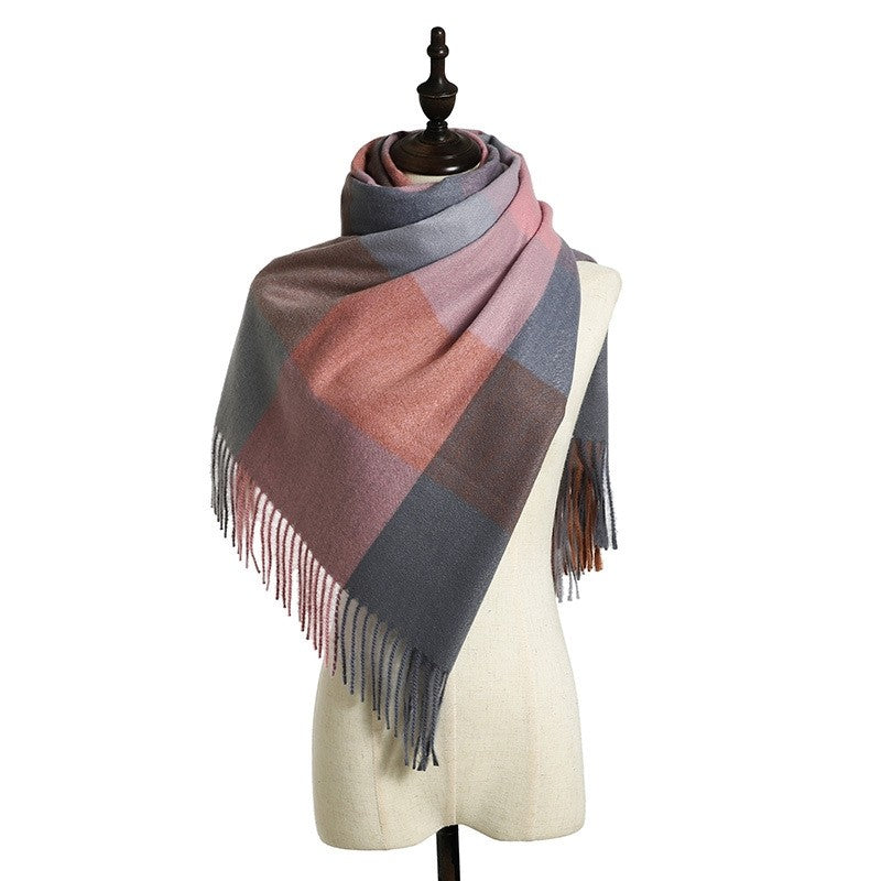 Striped Plaid Print Shawl Tasseled Scarf